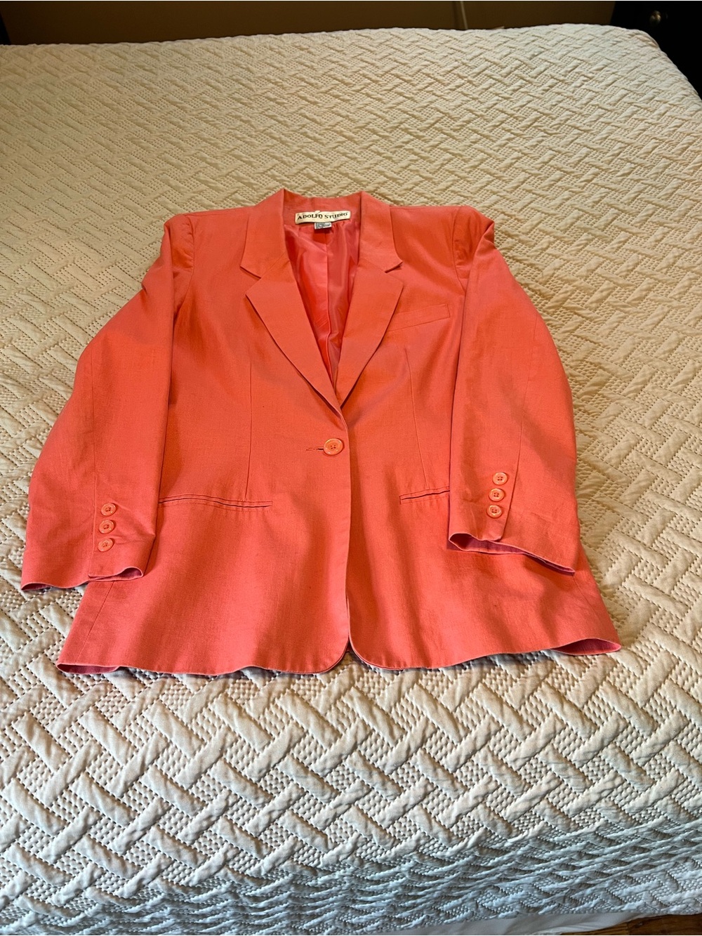 Adolfo Studio Coral One Button Closure Linen Blend Blazer Size 10 Vintage